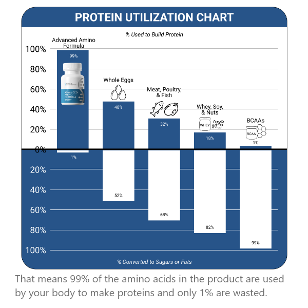 Chart comparing protein utilization: Advanced Amino Formula at 99% versus whole eggs, meat/poultry/fish, whey/soy/nuts, and BCAAs